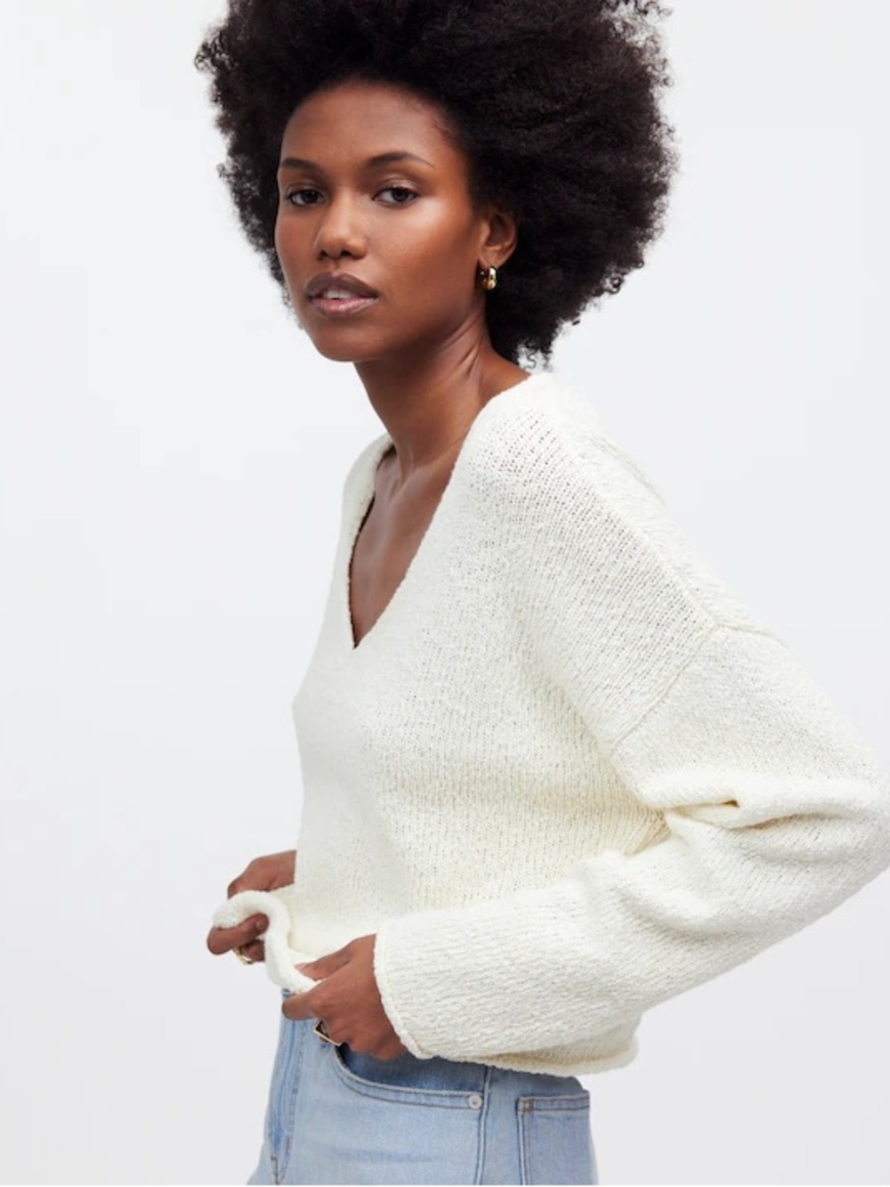 Madewell Deep V- Boxy sweater in bright ivory